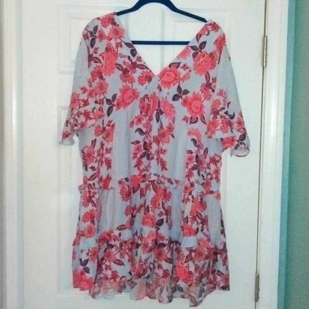 Anthropologie Light Blue Tunic with Coral Floral Print